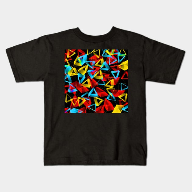 3D Red Yellow Blue Triangles on Black Abstract Kids T-Shirt by Klssaginaw